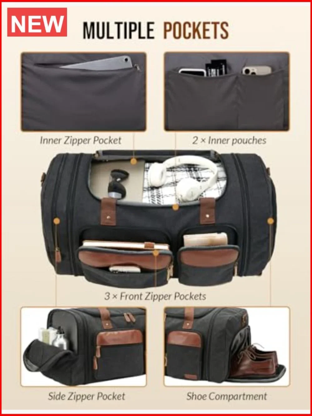 Canvas Duffle Bag 50L Expandable Travel Duffel with Shoes Compartment